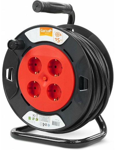 Domestic cable reel of 15 meters with handle, 4 Schuko sockets