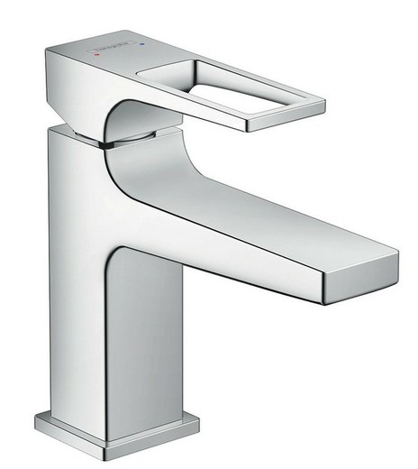 Single lever basin mixer tap with loop handle and Hansgrohe Push-Open waste set