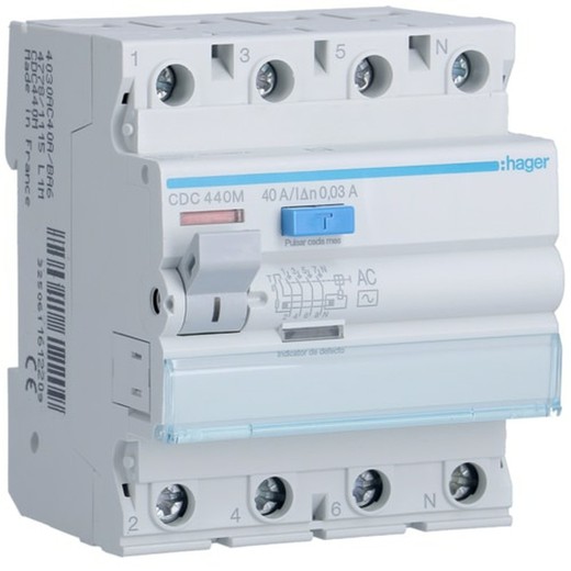 Interruptor diferencial 4P, 40A, 30mA, tipo AC Hager