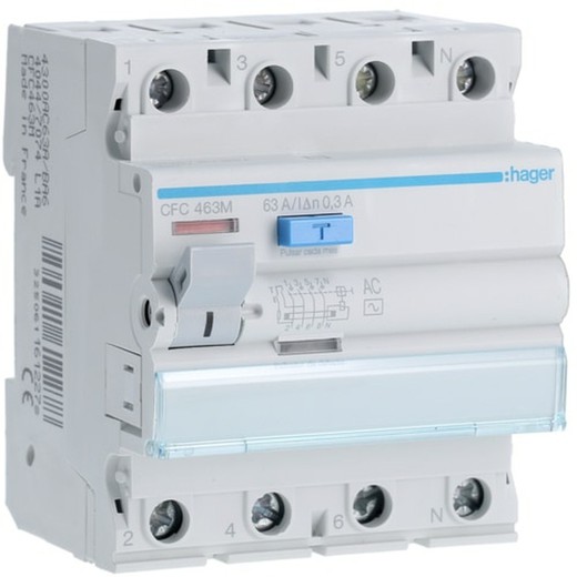 Interrupteur différentiel 4P, 63A, 300mA type AC Hager
