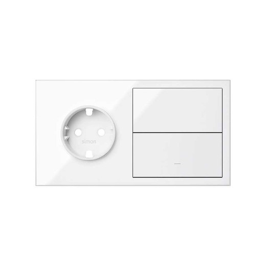 Horizontales Frontkit für 2 Elemente mit 1 Schuko-Buchse und 1 weiß glänzendem Simon 100 mit einem Knopf