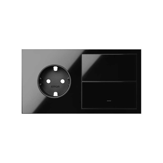 Kit horizontal front for 2 elements with 1 socket outlet and 1 single button glossy black Simon 100