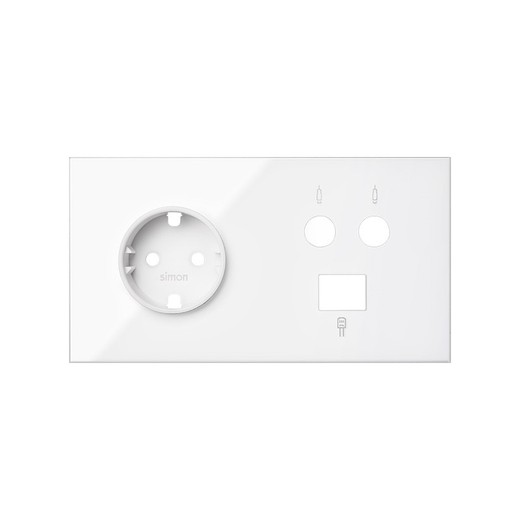 Front kit for 2 elements with 1 schuko socket, 1 R-TV and SAT socket with 1 bright white computer connector Simon 100