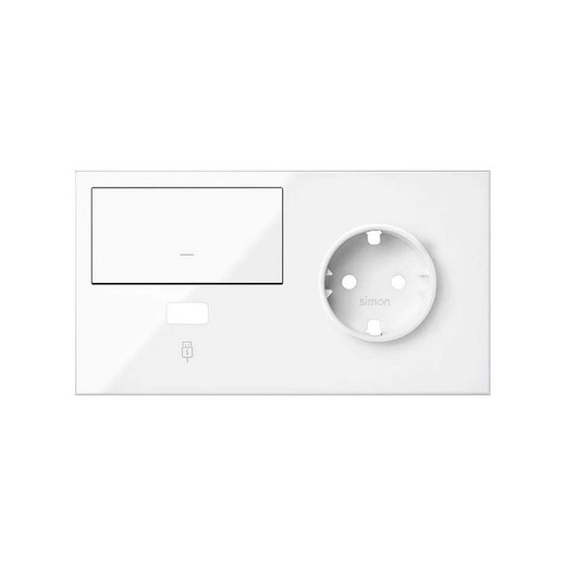 Front kit for 2 elements with 1 key, 1 USB charger and 1 bright white schuko socket Simon 100