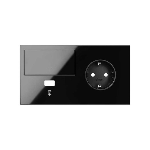 Frontkit voor 2 elementen met 1 sleutel, 1 USB-oplader en 1 glanzend zwart Schuko-stopcontact Simon 100