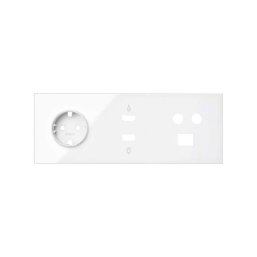 Front kit for 3 elements with 1 schuko socket, 1 HDMI / USB connector and 1 R-TV / SAR socket bright white Simon 100