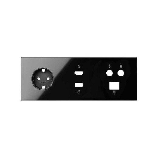 Front kit for 3 elements with 1 schuko socket, 1 HDMI / USB connector and 1 R-TV / SAR socket shiny black Simon 100