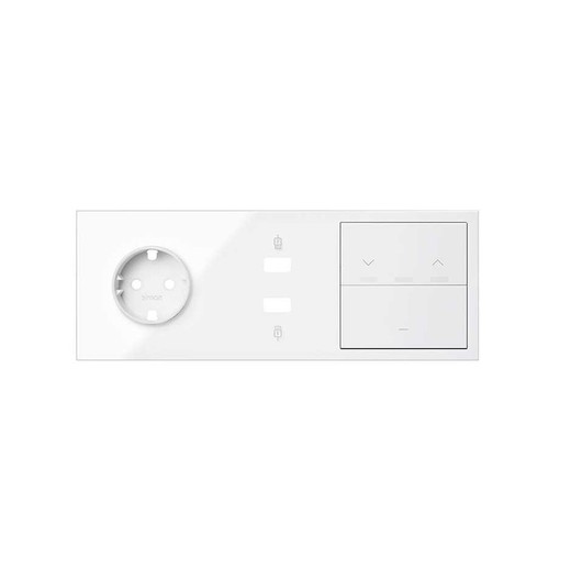 Front kit for 3 elements with 1 schuko plug, 1 USB charger, 1 blinds button and 1 bright white button Simon 100