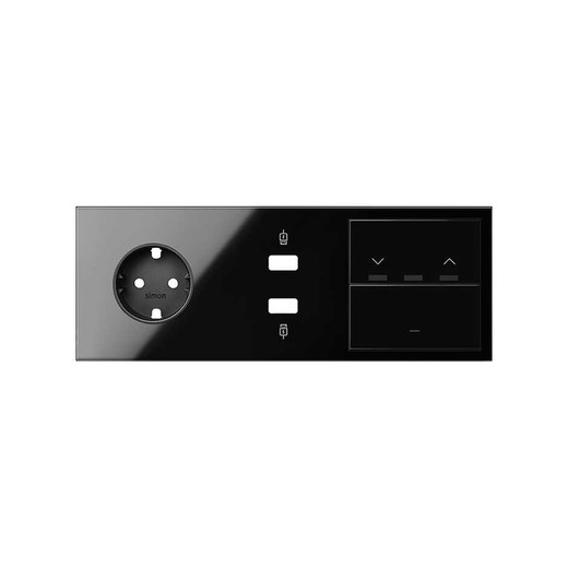 Kit frontale per 3 elementi con 1 spina schuko, 1 caricatore USB, 1 pulsante persiane e 1 pulsante nero lucido Simon 100