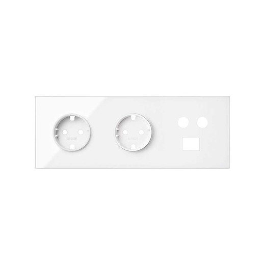 Front kit for 3 elements with 2 schuko sockets, 1 R-TV / SAT socket and 1 bright white Simon 100 computer connector