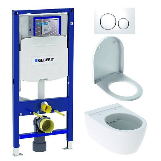 Gerebit iCon-set van wandhangend toilet met zitje en hoes, duofix frame en Sigma 20 drukknop
