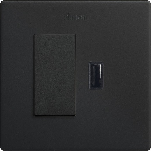 Kit monoblock conmutador pulsante + cargador USB A Simon 270 2,1A SmartCharge negro mate