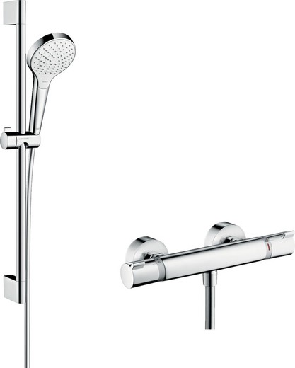 Exposed shower set with Ecostat thermostat and Hansgrohe shower bar