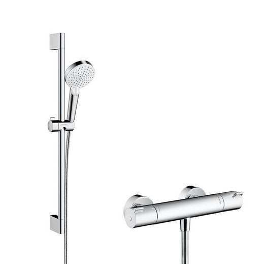 Set de ducha visto Vario con termostato Ecostat y barra de ducha blanco/cromo Hansgrohe