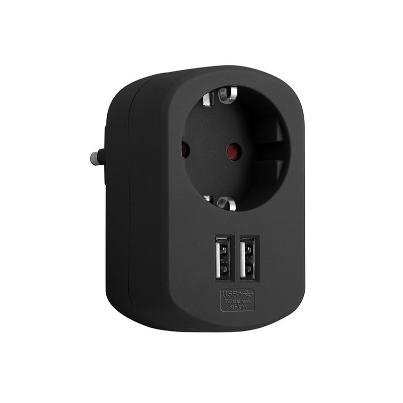 trui Verlichten India Combi adapter met 1 stopcontact 16A 250V + 2 USB 3.15A zwart Simon —  Rehabilitaweb