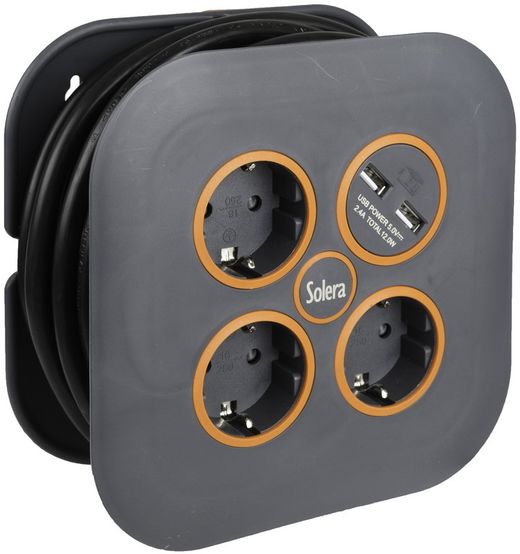 Kabeltrommel von 5 Metern mit 3 Sockeln und 2 USB-Buchsen Solera