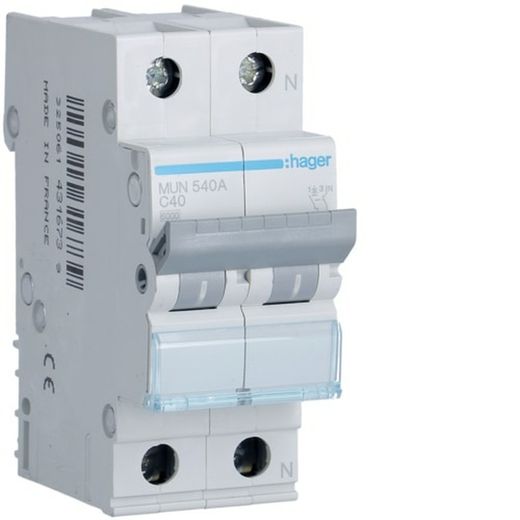 Interrupteur automatique 1P+N 40A courbe C 6kA Hager