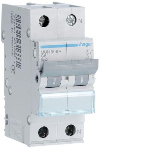 Interrupteur automatique 1P+N 6A Courbe C 6kA Hager