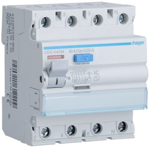 Interrupteur différentiel 4P, 40A, 30mA, type AC Hager