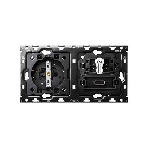 Kit arrière pour 2 éléments avec 1 socle de prise schuko, 1 croix pulsante et 1 chargeur USB Simon 100