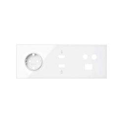 Kit front para 3 elementos con 1 base de enchufe schuko, 1 conector HDMI/USB y 1 toma R-TV/SAR blanco brillante Simon 100