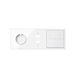 Kit front para 3 elementos con 1 enchufe schuko, 1 cargador USB, 1 tecla persianas y 1 tecla blanco brillante Simon 100