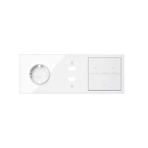 Frontkit für 3 Elemente mit 1 Schuko-Stecker, 1 USB-Ladegerät, 1 Jalousietaste und 1 hellweißen Taste Simon 100
