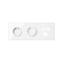 Kit front para 3 elementos con 2 bases de enchufe schuko, 1 toma R-TV/SAT y 1 conector informático blanco brillante Simon 100