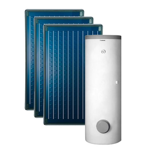 Kompaktes Solarpaket mit 1 Akku mit 400 l und 3 Kollektoren für Junkers Schrägdach